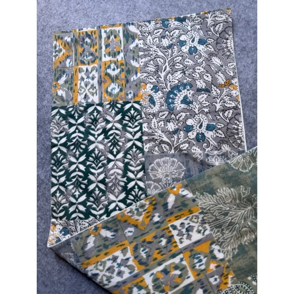 Patchwork Boho Table Runner 12.5x72 Green Gray Mustard Floral Cotton
